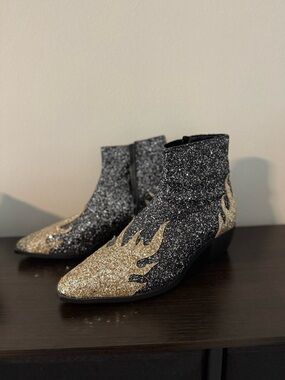 ASOS Black and Gold Glitter Flame Ankle Boots